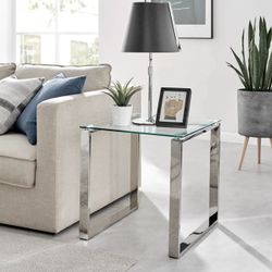  Modern Sleek Sled Design Chrome Metal and Glass End Table