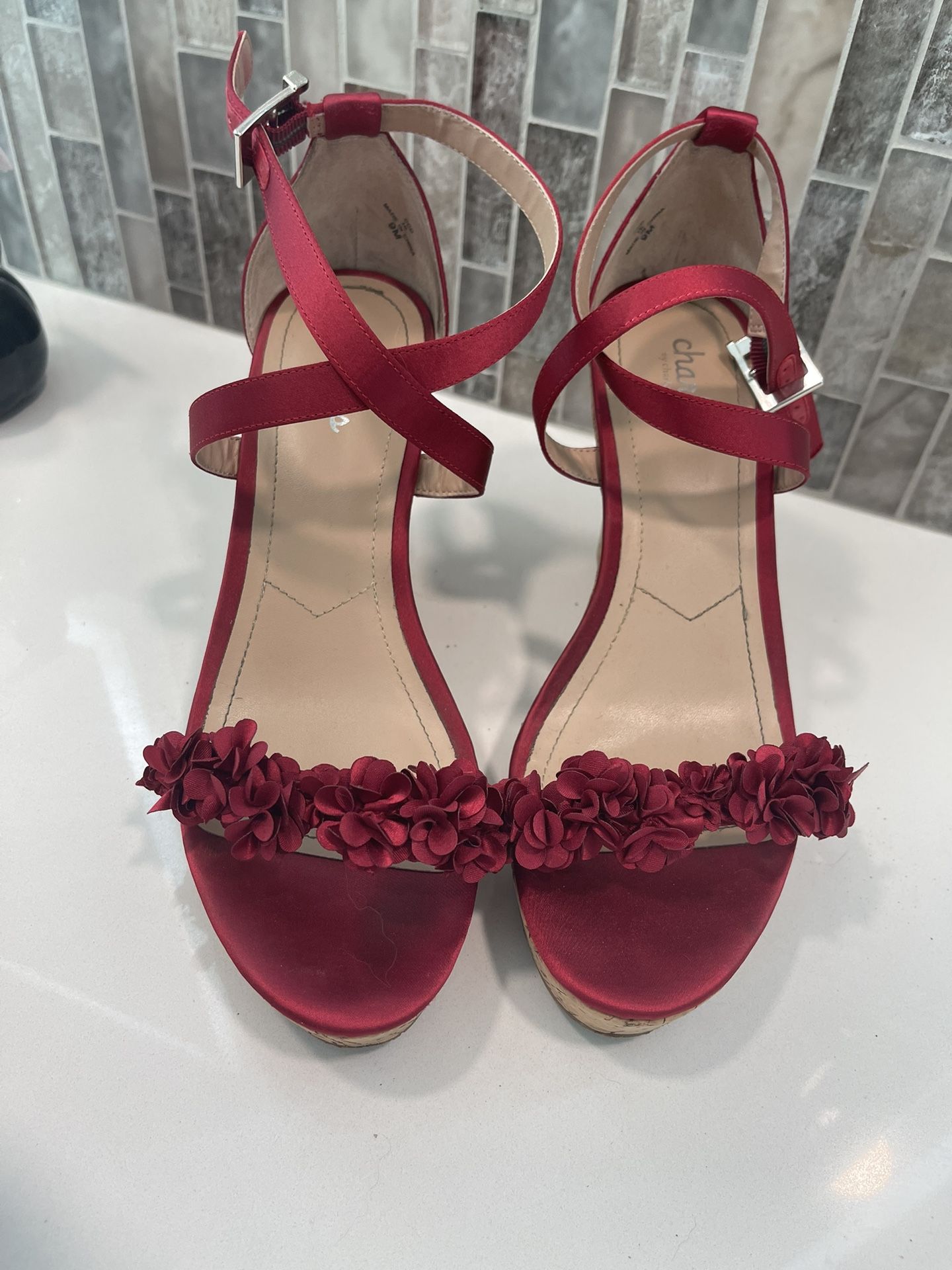 Charles by Charles David Red Satin Ankle Strap Wedge Sandal Size 9