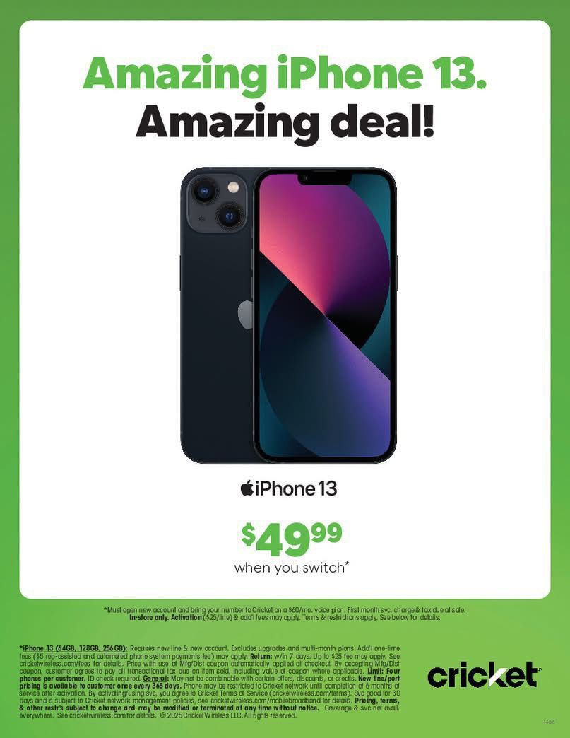 Come See Us Today And Take I Phone 13 For $49.99 When You Switch Over To Cricket Wireless