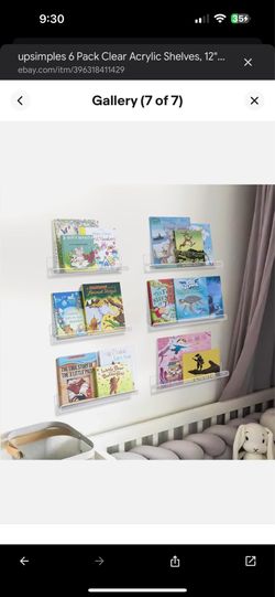 upsimples 6 Pack Clear Acrylic Shelves, 12" Nursery Bookshelves for 12x1.7