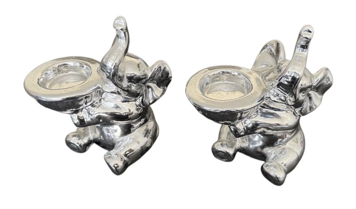 Set of 2 Silver Elephant Ceramic Candle Holder 6.5‘’x6.5’’
