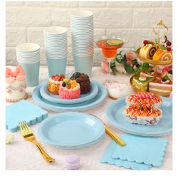 150 Pcs Disposable Party Dinnerware Supplies Set Includes 7" 9"' Disposable Paper Plates 9oz Paper Cups Scalloped Cocktail Napkins for Baby Shower Bir
