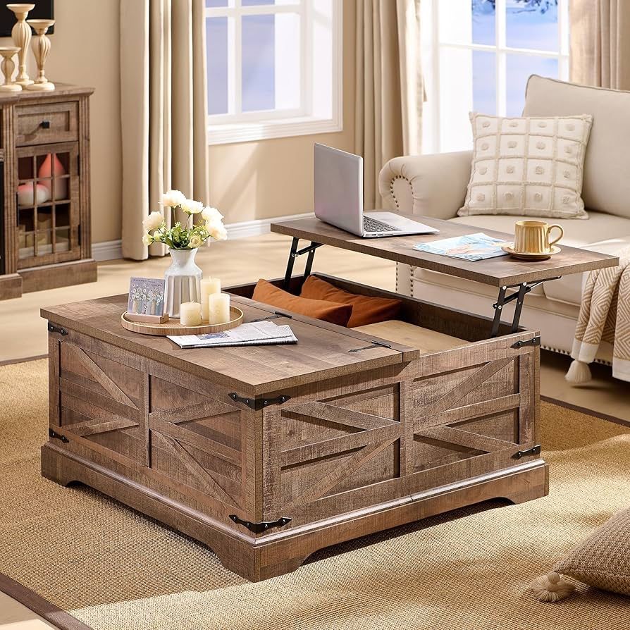 Farmhouse Lift Top Coffee Table with Storage, 36" Wood Square Center Table with Large Hidden Compartment, Rustic Lift Tabletop Dining Table