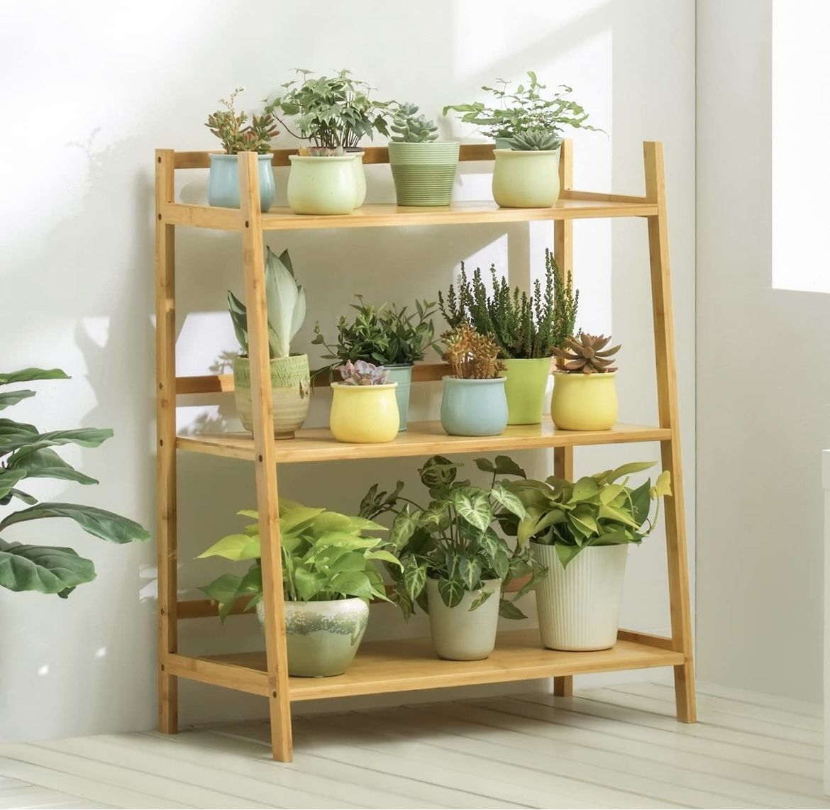 MoNiBloom Ladder Shelf for Plant Flower Book, Bamboo 3-Tier Trapezoid Storage Shelf Organizer for Living Room Balcony Kitchen Bathroom Home Office, Na