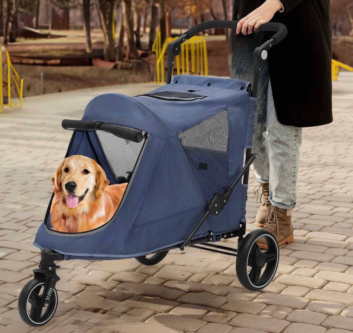 Folding Dog Stroller Blue Portable Pet Travel Carrier Cart with Foot Activated Lock Cat Stroller,Pet Stroller,Small Animal Cart,Adjustable