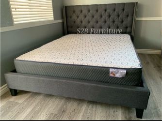 Queen size gray tufted bed with orthopedic mattress