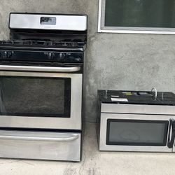 Selling used Frigidaire 4.2 Cu. Ft. Capacity 4 Burner Gas Range and Whirlpool 1.6 cu. ft. Microwave-Range Hood Combination.