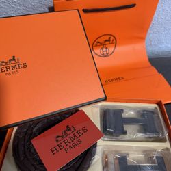 Hermes Men Belt With 2 Buckle Black Belt 