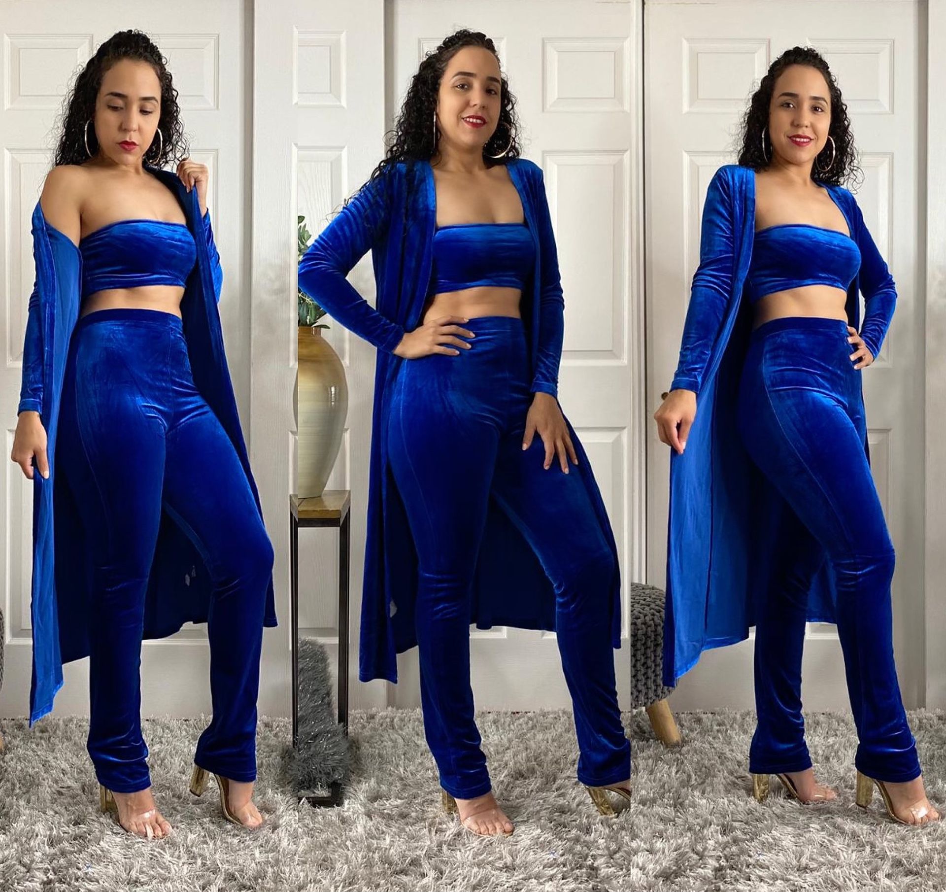 Royal Blue Velvet 3 Piece Outfit Set Available In Royal Blue 3 Piece Outfit Set High Waisted Pants Sleeveless Bandeau Top Long Open Front Cardigan L