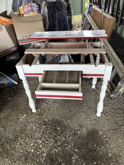 Vintage Red And White Porcelain Table With Wooden Frame