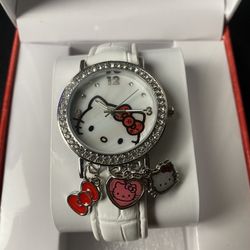 Hello Kitty Women’s White Crocodile Strap Crystal Watch With 3 Charms New Rare Collectors Item (Retail $85+)