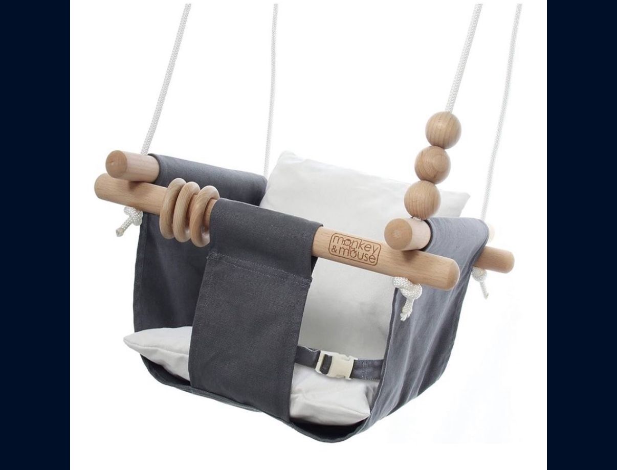 Monkey & Mouse Baby Swing - Charcoal Indoor Outdoor Portable Hanging Chair for Infant & Toddler Kids Up to 4 Years - Cotton Canvas & Beech Wood Frame 