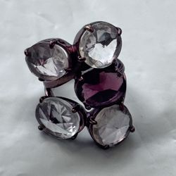 J.Crew Clear White & Purple Rhinestone Dark Metal Statement Ring, SIZE 6
