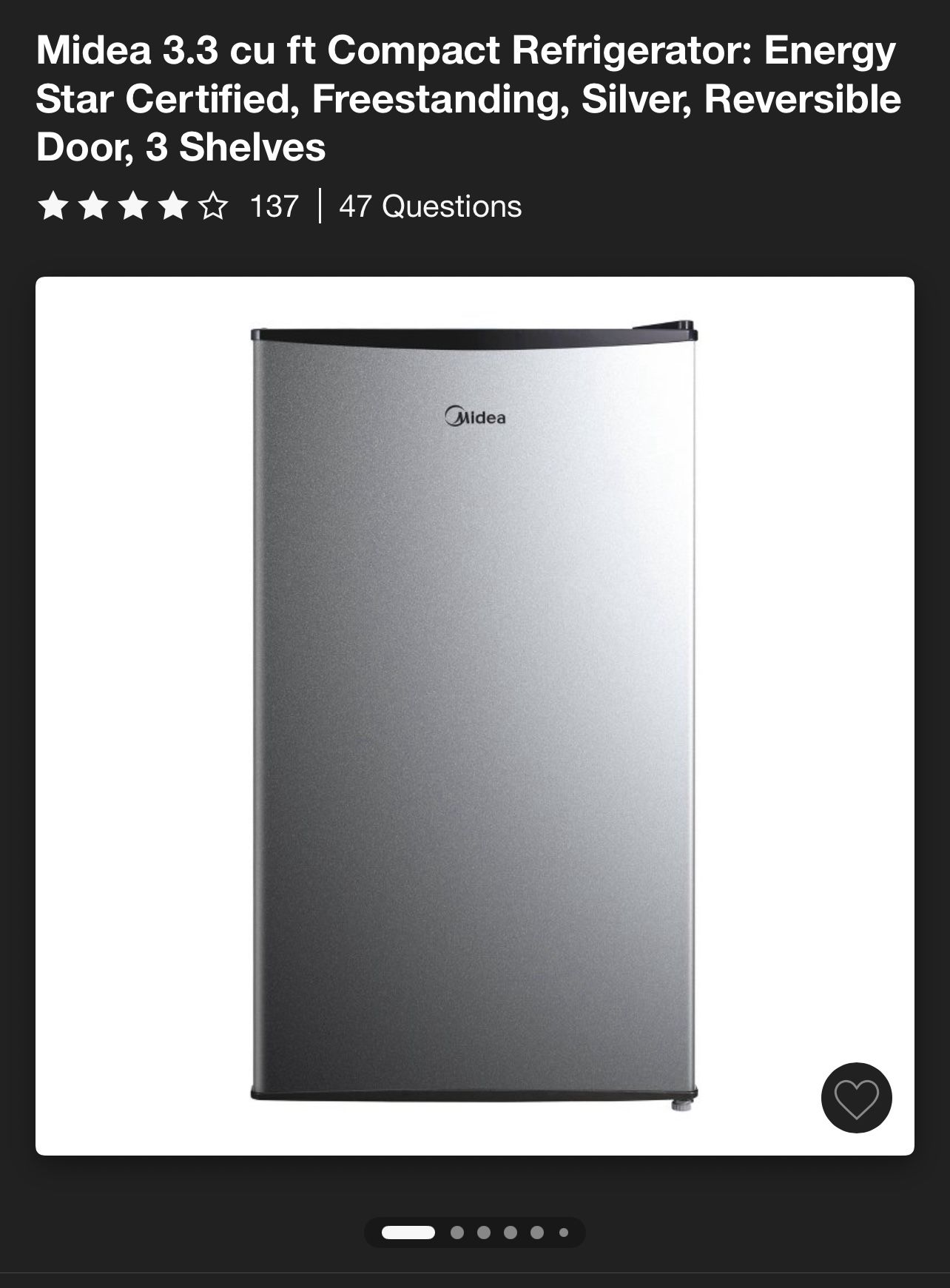 Midea Compact Refrigerator, 3.3 cu ft, silver