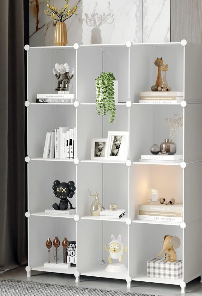 Cube Storage Organizer Storage 12 Cube Bookshelf DIY Plastic Closet Clothes Storage Shelves with Wooden Mallet, Stackable Storage Solution for