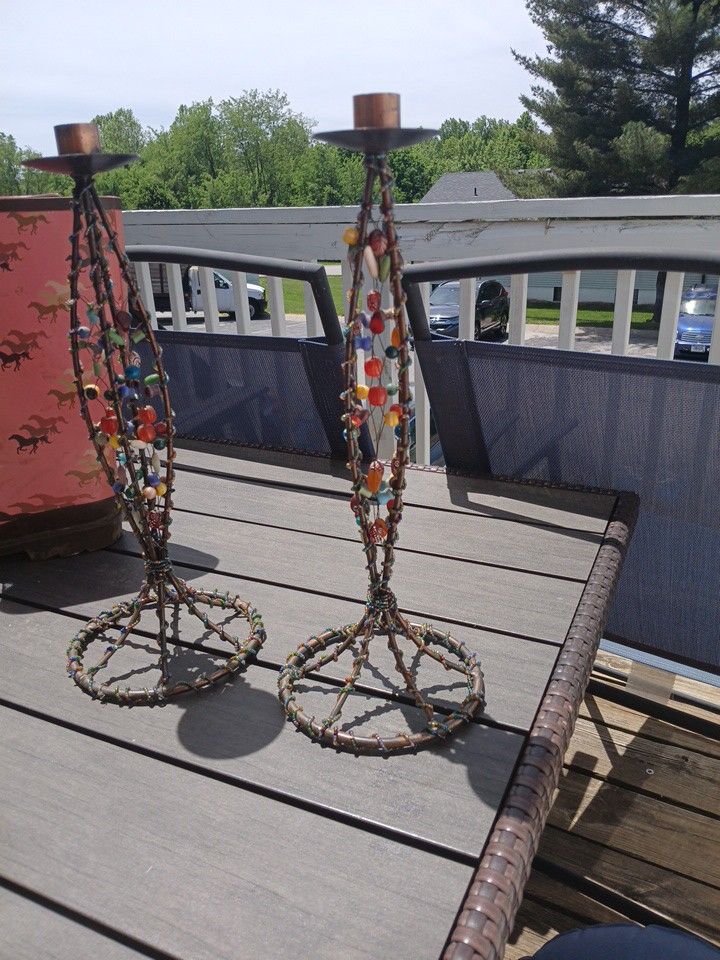 Set (2) Pillar Pedestal Candle Holders Metal Wrought Iron Wire Glass Beads Set Of 2