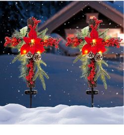 SOWSUN Solar Christmas Decorations Outdoor LED Lights, Xmas Waterproof Cross Stake, Cemetery Grave Decorations,Faux Pine Cones and Foliage Ornament St