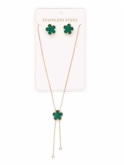 Elegant Green Clover Necklace & Earrings Jewelry Set for Women