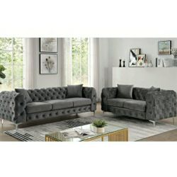 3 Piece Sofa Set Grey Velvet Like Fabric Steel Legs Firm Price $1,800 Financing Available 
