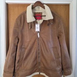 Men's Guess Jacket XL Vegan Suede Brown Sherpa