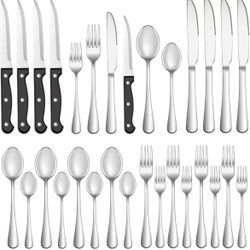24 Pcs Silverware Set with Steak Knives Service for 4,Stainless Steel Flatware Set,Mirror Polished Cutlery Utensil Sets,Home Kitchen Eating Tableware,