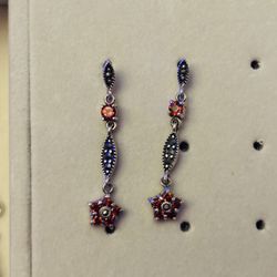Vintage Art Deco 925 Sterling Silver ,Garnet and Marcasite Dangle Earrings This design features a linear drop with multiple articulated sections   Not