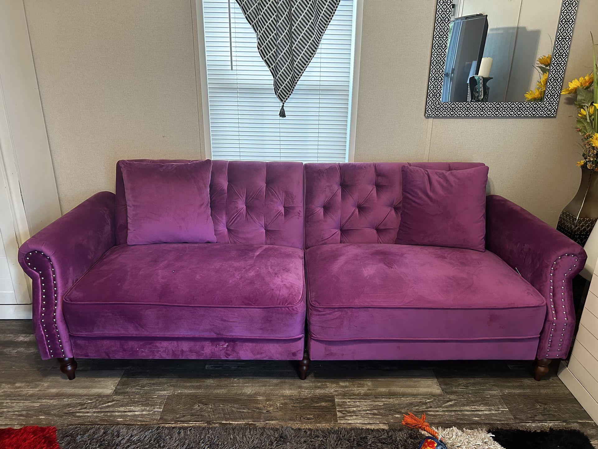 8 1/2 Feet Plush Purple Velvet Couch