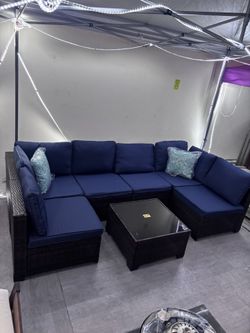 New Assembled 7pc Outdoor Conversation Set In Navy Blue (throw Pillows Not Included