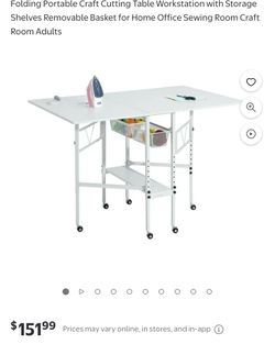 Folding Portable Craft Cutting Table Workstation with Storage Shelves Removable Basket for Home Office Sewing Room Craft Room Adults