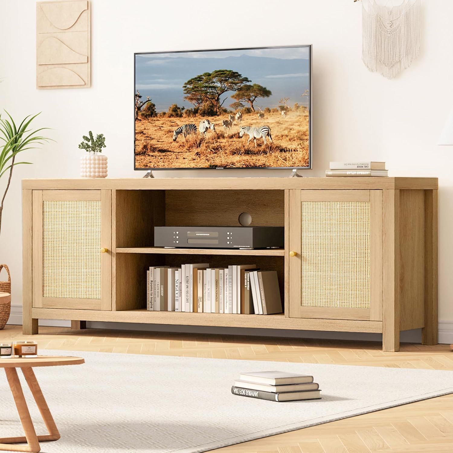 Rattan TV Stand for 65 inch, Boho Entertainment Center with Storage and Shelves, Wood TV Stand Cabinet with Doors, Media Console Cabinet Living Room F