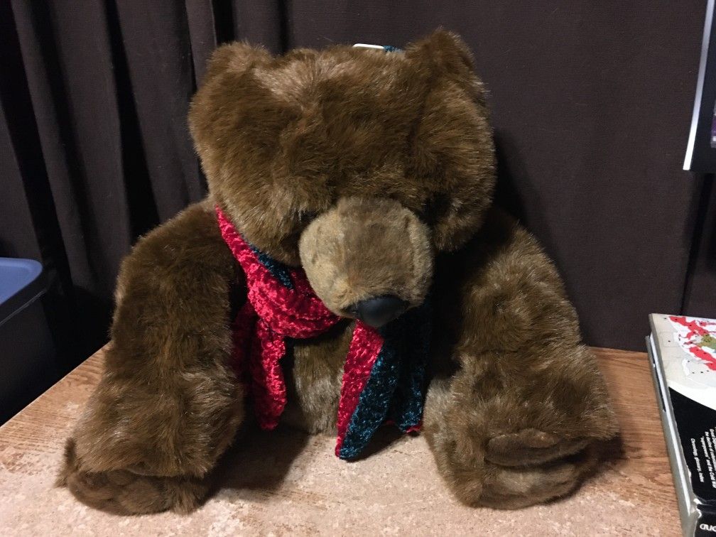 Large Christmas Brown Bear With Green Red Scarf MTY International 14 In X 16 In