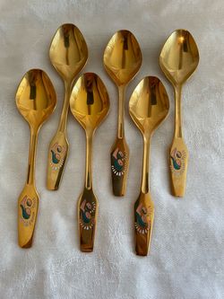 Vintage 1971 Meka Denmark Gold-Plated Sterling Silver Enamel Spoons - Set of 6