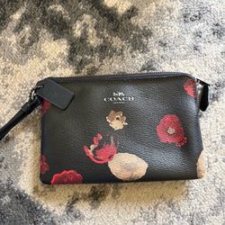COACH Black Floral Leather Wristlet with Red & Cream Blooms