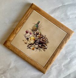 Vintage Wood Framed Ceramic Tile Rustic Still-Life Trivet