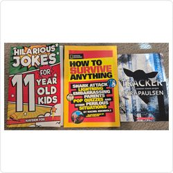 Set of 3 Brand New Kids' Humorous & Survival Books (Hilarious Jokes, National Geographic, Gary Paulsen)