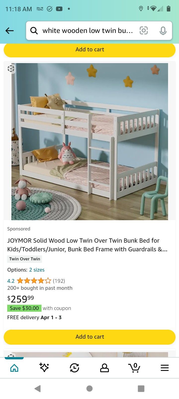 White, Wooden, Low Twin Over Twin Bunk Bed