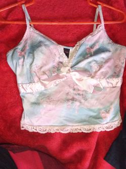 Cherub Print Satin Cami Top with Lace Trim