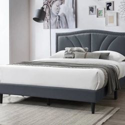 Queen Size Grey Button Bed W Orthopedic Mattress 