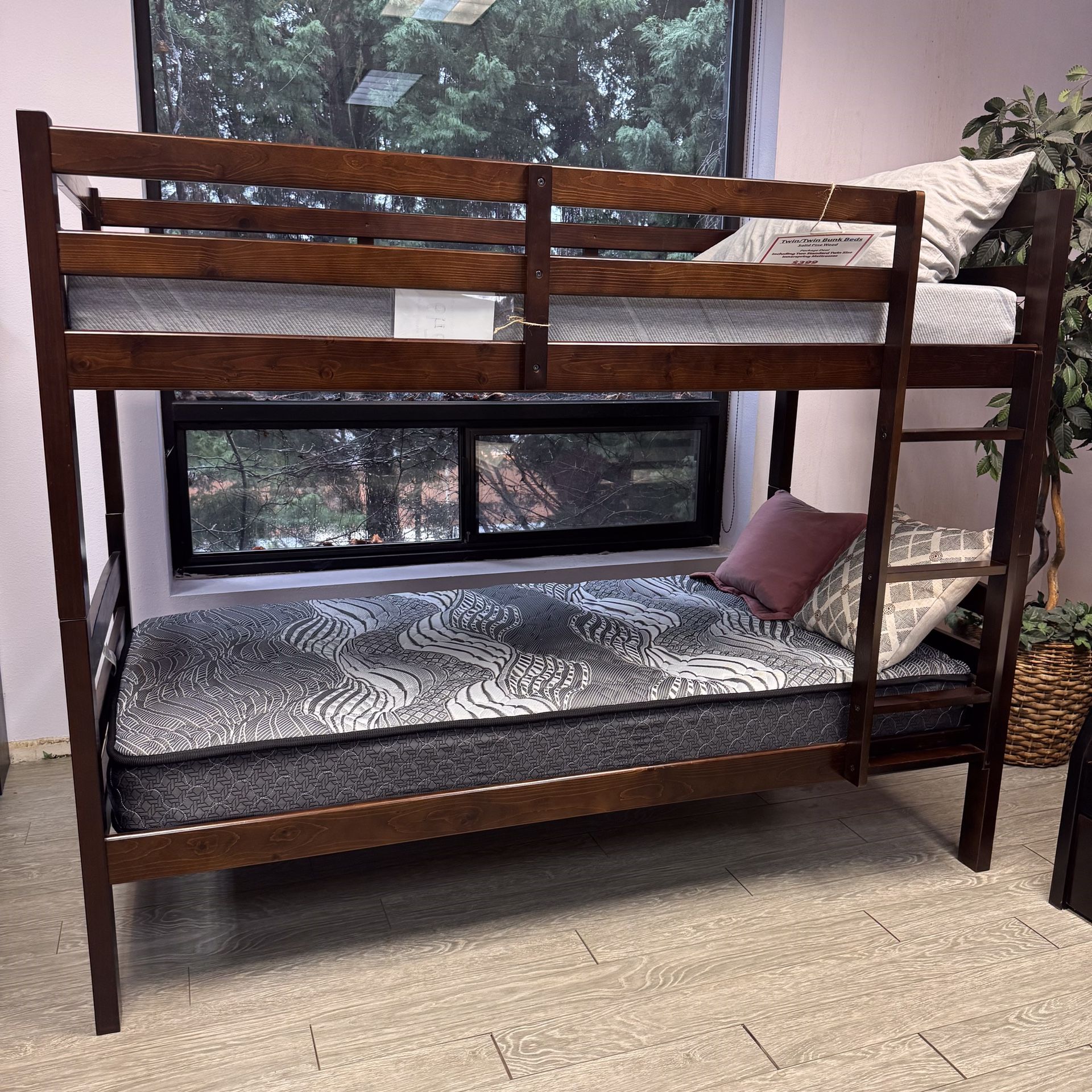 Solid Pine Wood Twin Over Twin Bunk Bed 3 Color Options