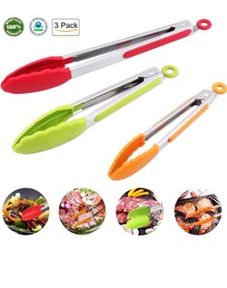 Kitchen Tongs Silicone Tongs Heavy Stainless Steel 2Pieces 7 & 12 Inches Kitchen Restaurant Outdoor Barbecue Tongs (Red, Orange)