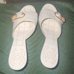 Vintage Chanel, Wood Sole & Heel, White Gold Accents, Size 38