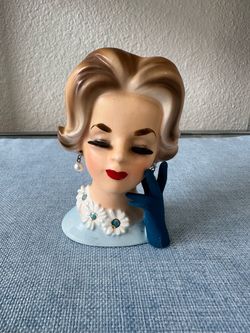 Napco Lady Head Vase C6427 Blue Gloved Hand Pearl Earrings Daisy Collar 4.5"