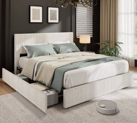 Beige Upholstered Platform Bed Frame with Storage Drawers - QUEEN