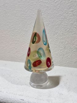Authentic Italian Murano Clear Art Glass Christmas Tree with White Swirl 8"