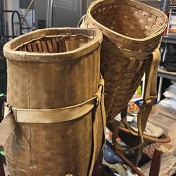 Vintage Adirondack Pack Basket - 2 Compartments, Large Trapper's Backpack, Farmer's Market Wood Splint Basket, Rustic Cabin or Lodge Decor