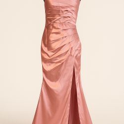 Elegant Rose Gold Satin Halter Neck Gown – Crisscross Pleated Formal Dress with Side Slit- XS