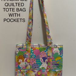 EASTER EGGS HUNT BUNNIES HANDMADE QUILTED TOTE BAG WITH POCKETS