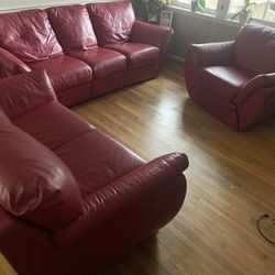 Set 3 Piece Leather Sofa Couch Living Room Red