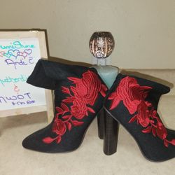 Women Stretch Knitting Rose Embroidered Calf High Boots, SZ: 5.5 ~ NWOT