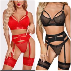 Garter Belt Thong Lingerie For Women, Strappy Hollow Out Sexy Lingerie, Underwire Mesh Sheer Matching 4 Piece Lingerie Set Boudoir Black Fishnet